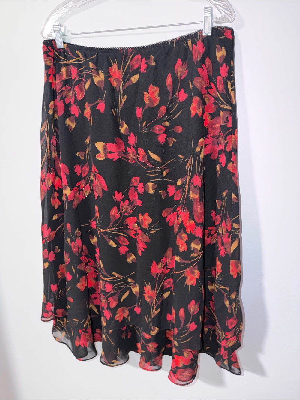 Y2K Floral Beaded Chiffon Midi Skirt Black Red Sheer Sz 16 Petite Flowy Romantic